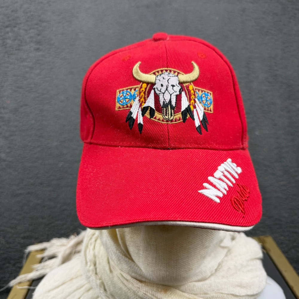 Native Pride Red Embroidered Bull Skull Baseball Cap Hat Adjustable
